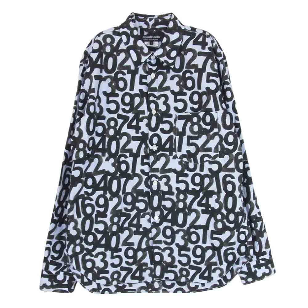 COMME des GARCONS HOMME DEUX コムデギャルソンオムドゥ 19AW DD-B053 ナンバープリント ストライプ 総柄 長袖 シャツ  ブルー系 ブラック系 S【中古】