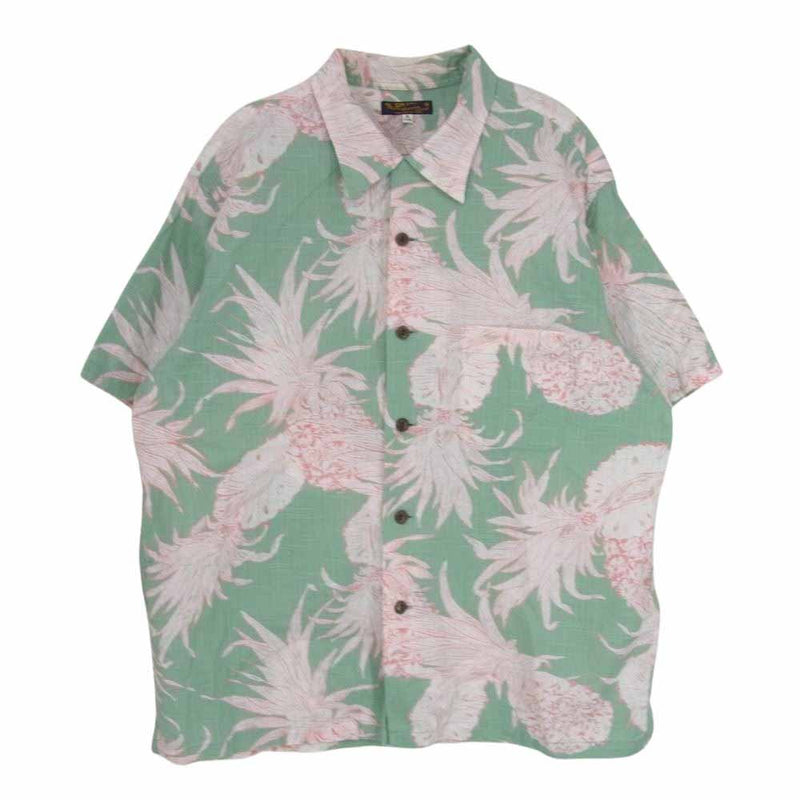 SUN SURF サンサーフ SS38407 COTTON LINEN SLUBYARN OPEN SHIRTS ISLAND PINEAPPLE ハワイアン アロハ シャツ グリーン系 XL【中古】