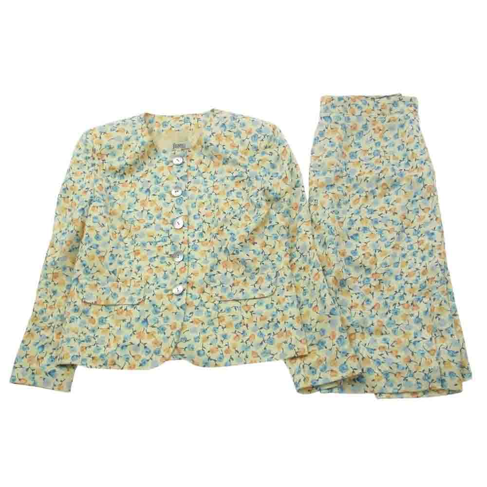 Herno ヘルノ フラワー総柄 花柄 シルク ノーカラージャケット スカート セットアップ 44【中古】