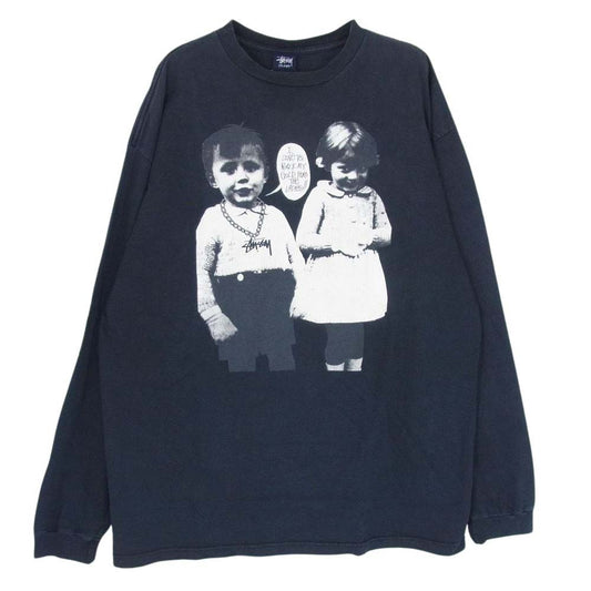 STUSSY ステューシー 90s OLD オールド キッズ フォト プリント Tシャツ 長袖 ネイビー系 L【中古】