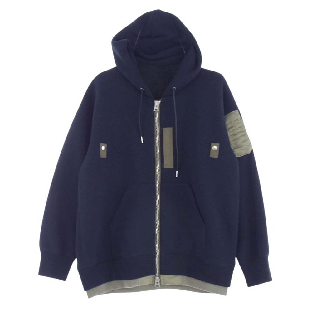 Sacai サカイ 24SS 24-03335M Sponge Sweat x Nylon Twill Hoodie スポンジスウェット ナイロンツイル 異素材切替 ジップアップ フーディー パーカー ネイビー系 2【中古】
