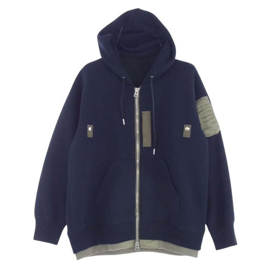 Sacai サカイ 24SS 24-03335M Sponge Sweat x Nylon Twill Hoodie スポンジスウェット ナイロンツイル 異素材切替 ジップアップ フーディー パーカー ネイビー系 2【中古】