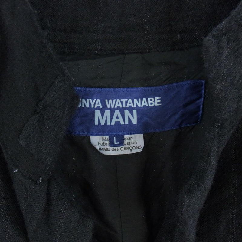 JUNYA WATANABE COMME des GARCONS MAN ジュンヤワタナベコムデギャルソンマン 23AW WL-J008 ウールストライプ 製品加工 多素材パッチワーク 異素材切替 エルボーパッチ テーラードジャケット ブラック系 L【中古】