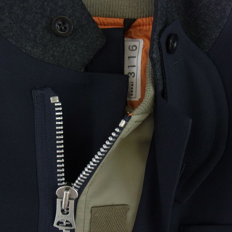 Sacai サカイ 23AW 23-03116M Suiting x Nylon Twill Jacket スーツナイロンツイル ハイブリッド 異素材切替 ブルゾン ジャケット ダークネイビー系 2【中古】