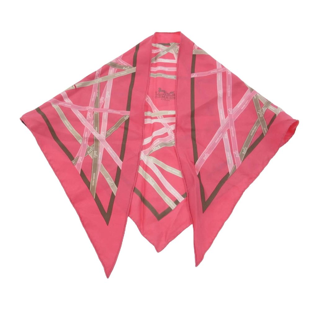 HERMES エルメス トライアングル ジェアン 三角 スカーフ ボルデュック リボン柄 シルク ピンク系【中古】