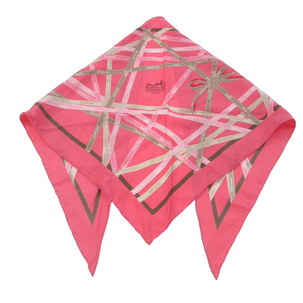HERMES エルメス トライアングル ジェアン 三角 スカーフ ボルデュック リボン柄 シルク ピンク系【中古】