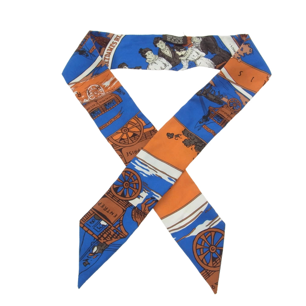 HERMES エルメス ツイリー タイスカーフ JEU DES OMNIBUS ET DAMES BLANCHES オムニバス 白い貴婦人のゲーム オレンジ系 ブルー系【中古】