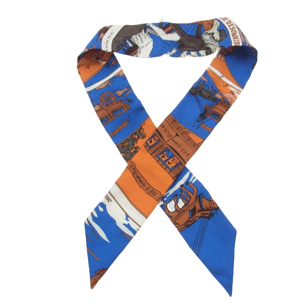 HERMES エルメス ツイリー タイスカーフ JEU DES OMNIBUS ET DAMES BLANCHES オムニバス 白い貴婦人のゲーム オレンジ系 ブルー系【中古】