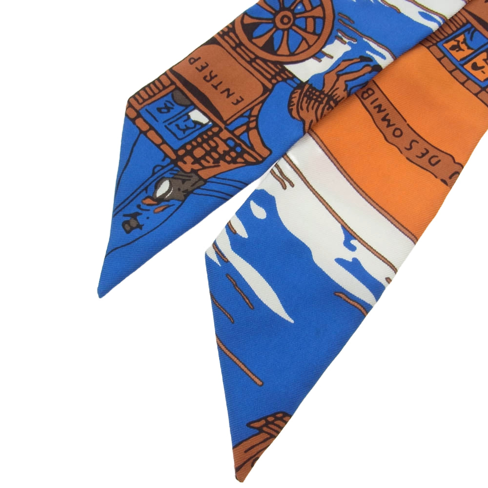 HERMES エルメス ツイリー タイスカーフ JEU DES OMNIBUS ET DAMES BLANCHES オムニバス 白い貴婦人のゲーム オレンジ系 ブルー系【中古】