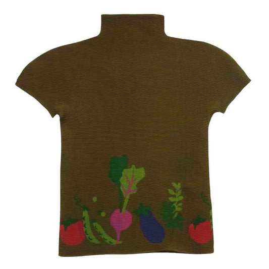 ISSEY MIYAKE イッセイミヤケ mi61fk225 Me ミー 野菜柄 ボトルネック ボックスプリーツ 半袖 カットソー ブラウン系【中古】