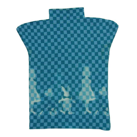 ISSEY MIYAKE イッセイミヤケ mi71fk323 Me ミー 不思議の国のアリス 市松総柄 ボックスプリーツ加工 ボトルネック フレンチ スリーブ カットソー ライトブルー系【中古】
