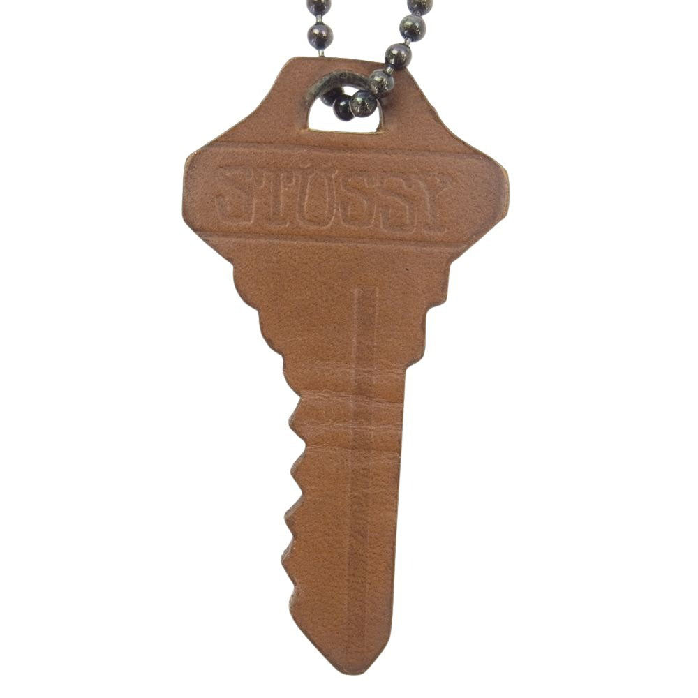 STUSSY ステューシー レザーキー ボールチェーン ネックレス ブラウン系 シルバー系【中古】