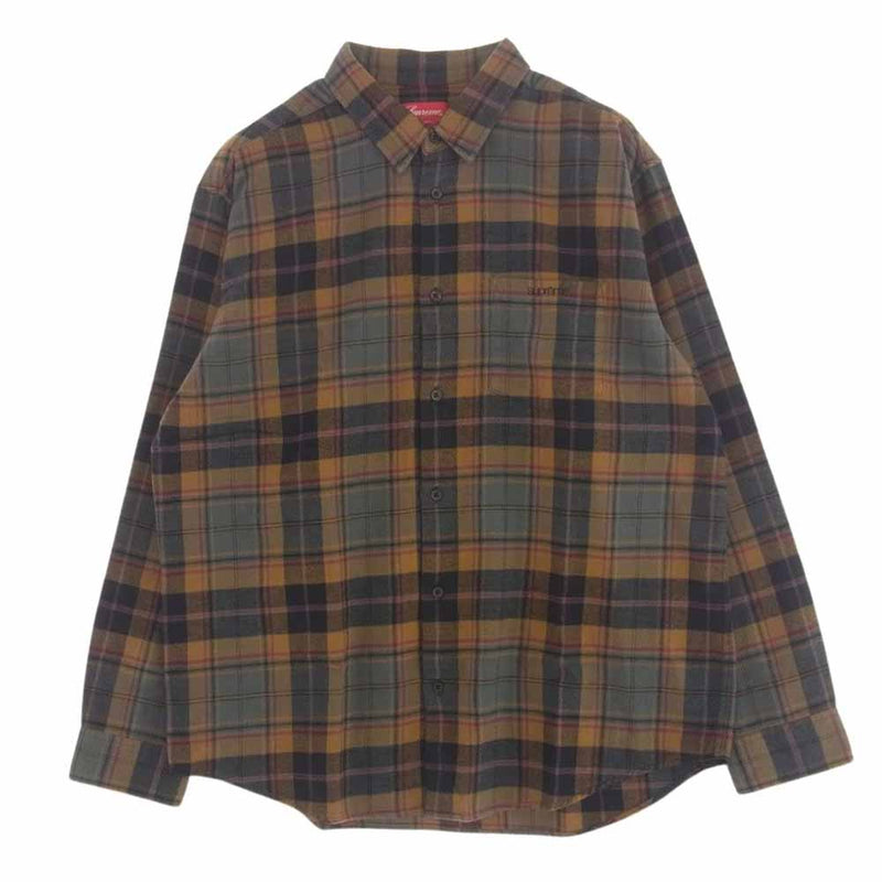 Supreme シュプリーム 22AW Plaid Flannel Shirt ロゴ刺繍 長袖 フランネル シャツ ブラウン系 グレー系 L【中古】