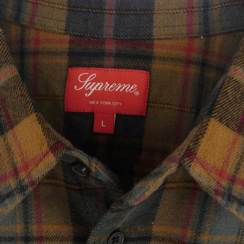 Supreme シュプリーム 22AW Plaid Flannel Shirt ロゴ刺繍 長袖 フランネル シャツ ブラウン系 グレー系 L【中古】