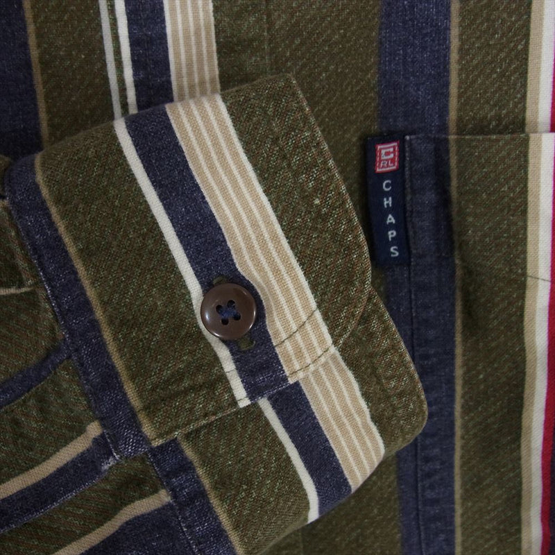 CHAPS Ralph Lauren ストライプ コットン 長袖 ロングスリーブ シャツ カーキ系 L【中古】