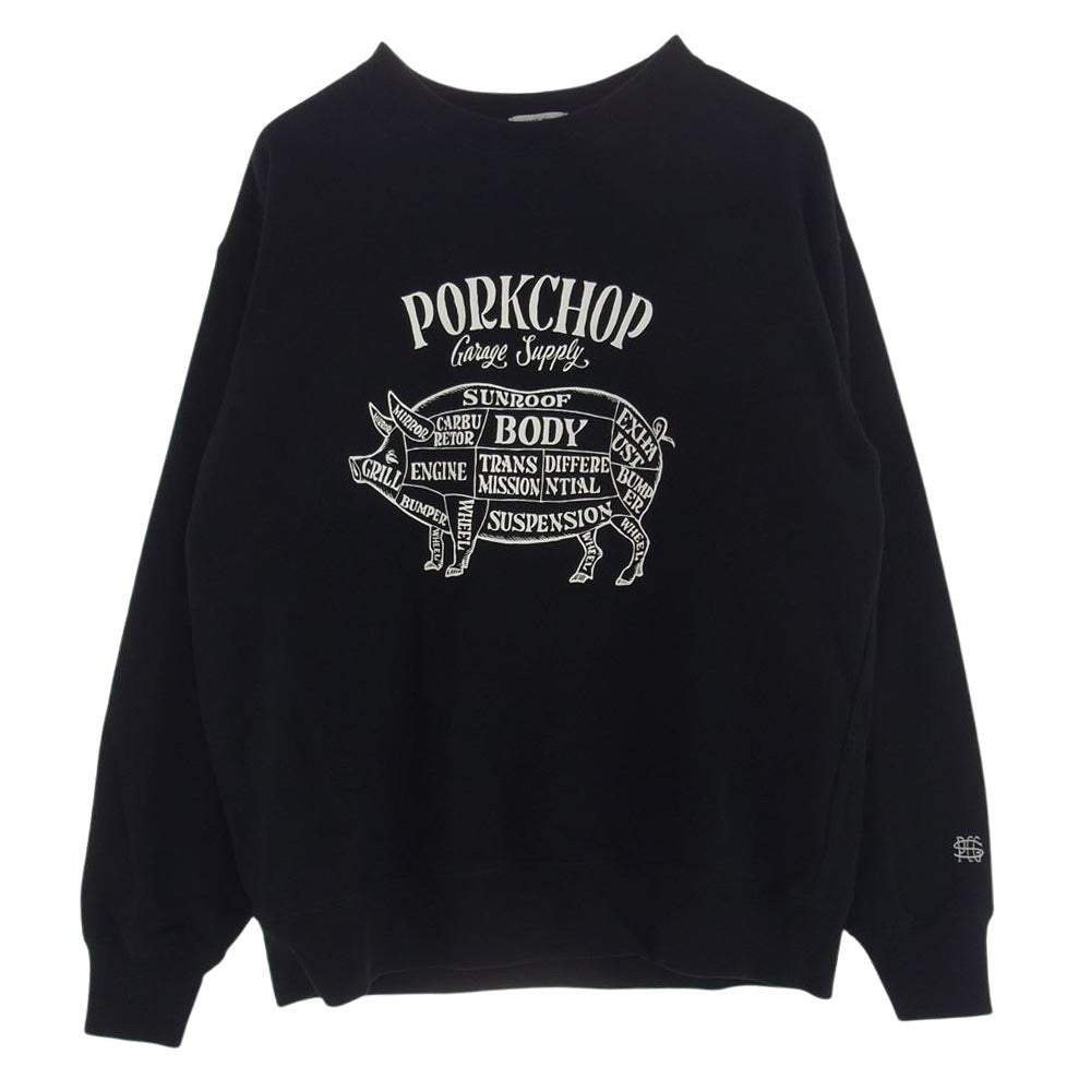 ポークチョップガレージサプライ PORK FRONT SWEAT ポークフロント クルーネック スウェット トレーナー ブラック系 L【美品】【中古】