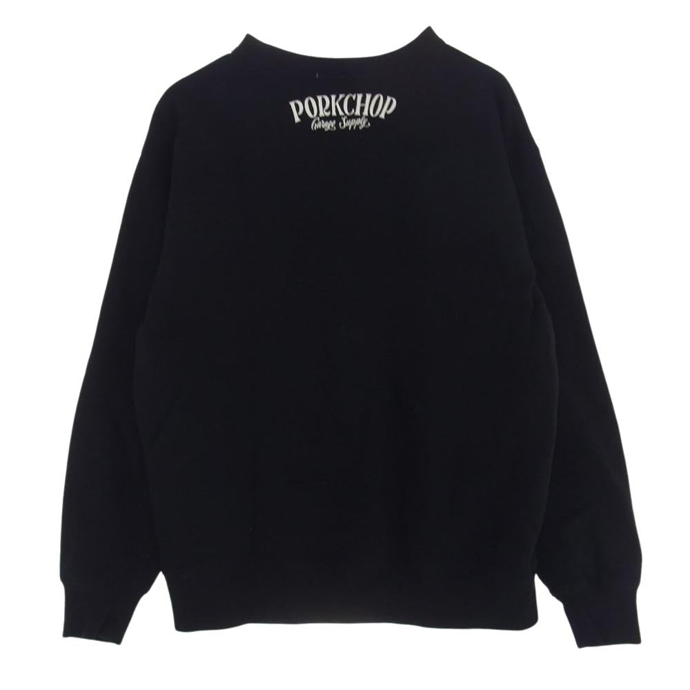 ポークチョップガレージサプライ PORK FRONT SWEAT ポークフロント クルーネック スウェット トレーナー ブラック系 L【美品】【中古】