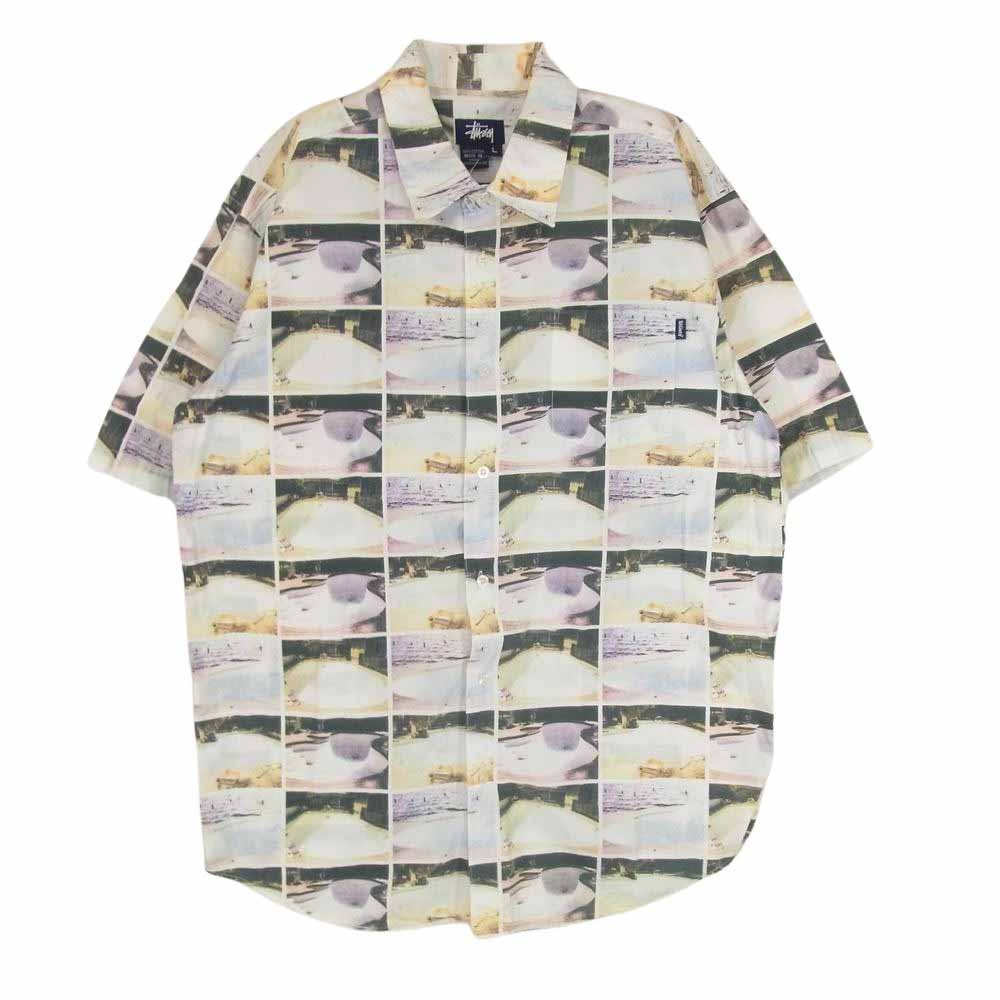 STUSSY ステューシー 90s 00s 紺タグ  バンク フォト プリント 総柄 半袖 シャツ  ホワイト系 L【中古】