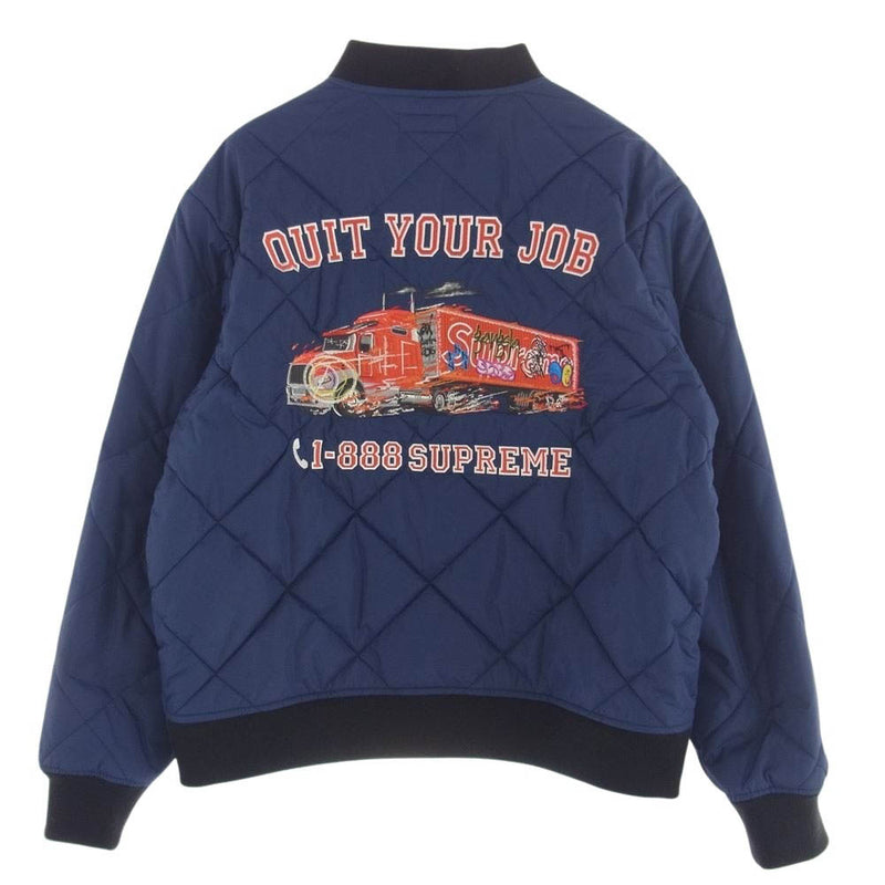 Supreme シュプリーム 21AW Quit Your Job Quilted Work Jacket ジョブ 刺繍 エンブロイダリー キルティング ワーク ジャケット ネイビー系 L【中古】