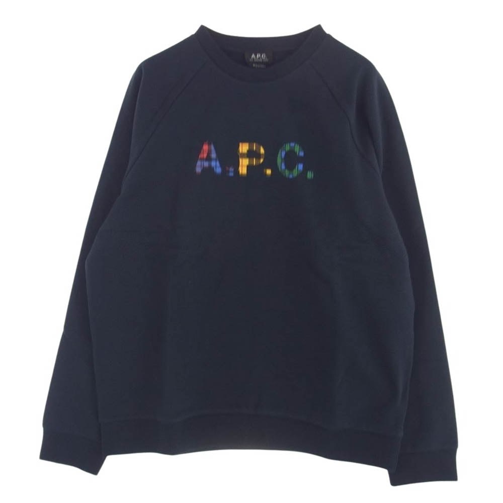 A.P.C. アーペーセー COGVF-H27843 SWEAT SHAUN HEATHERED タータンチェック柄 ロゴプリント クルーネック スウェット ダークネイビー系 XL【極上美品】【中古】