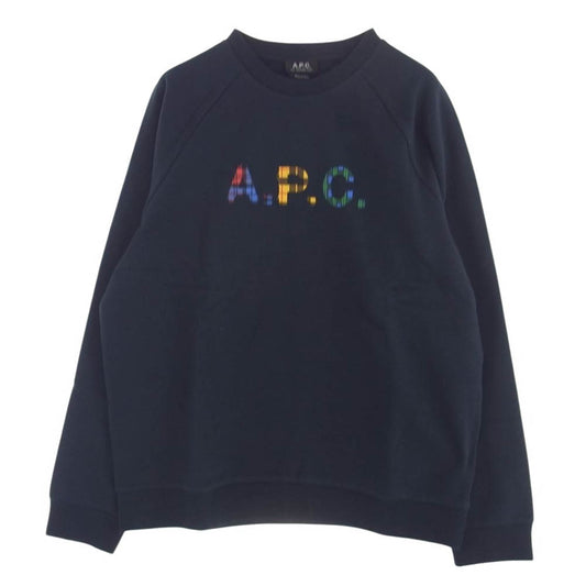 A.P.C. アーペーセー COGVF-H27843 SWEAT SHAUN HEATHERED タータンチェック柄 ロゴプリント クルーネック スウェット ダークネイビー系 XL【極上美品】【中古】