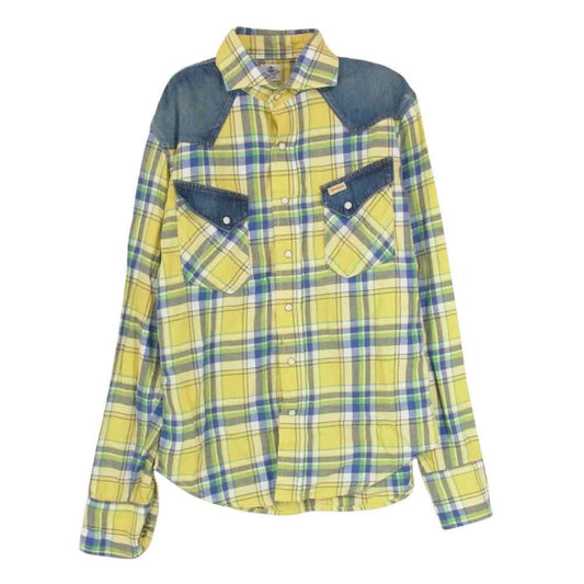 1piu1uguale3 ウノピュウノウグァーレトレ × Wrangler ラングラー デニム切替 チェック ウエスタン シャツ 長袖 イエロー系 M【中古】