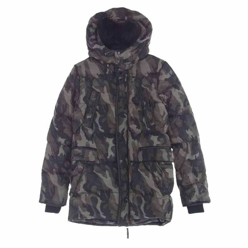 DUVETICA デュベティカ NYL008 × AKM エイケイエム LIMONTA CAMO BORDER HOODED カモフラ 迷彩柄 襟ファー ダウン ジャケット カーキ系 L【中古】