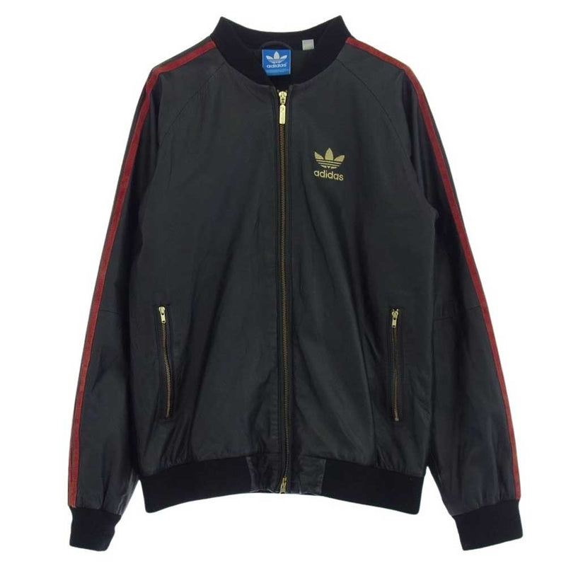 adidas アディダス O34739 SHEEPSKIN LEATHER TRACK JACKET ノーカラー トレフォイル ラムレザー トラックジャケット ブラック系 S【中古】