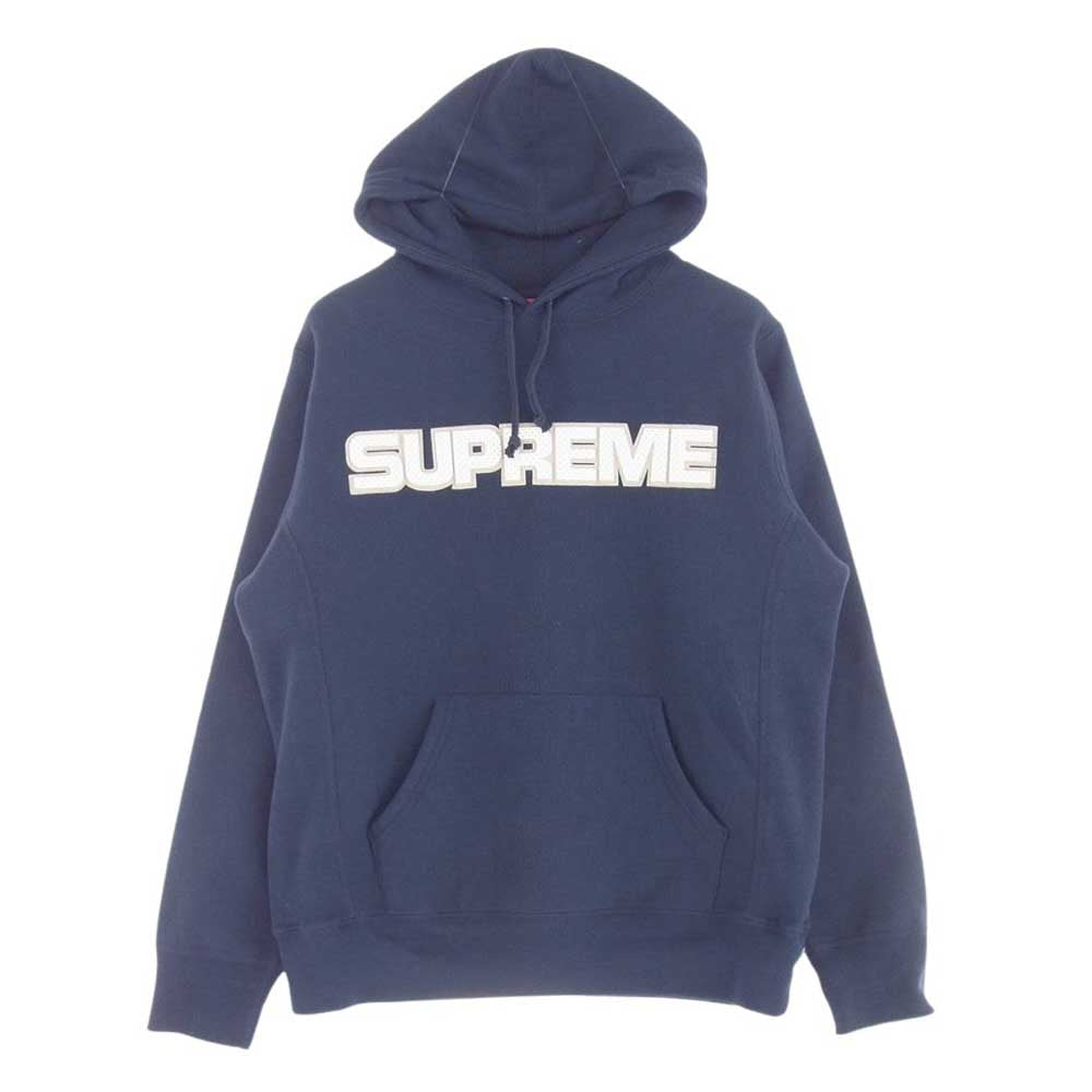 Supreme シュプリーム 18AW Perforated Leather Hooded Sweatshirt パーフォレーテッド レザー スウェット パーカー フーディ ネイビー系 M【中古】