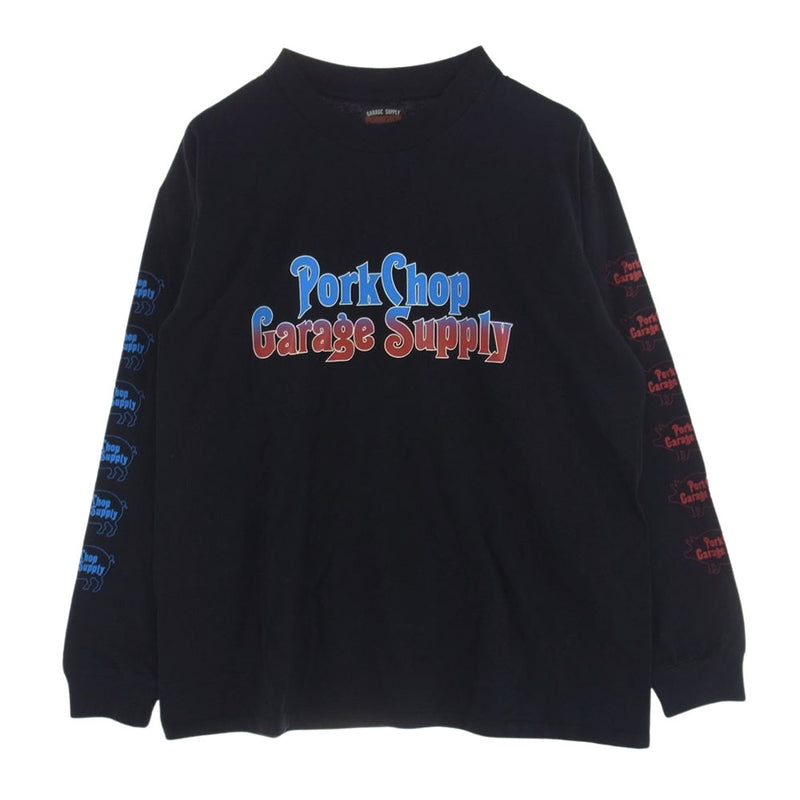 PORKCHOP ポークチョップ GARAGE SUPPLY 袖 ロゴ プリント クルーネック 長袖 Tシャツ ブラック系 M【中古】