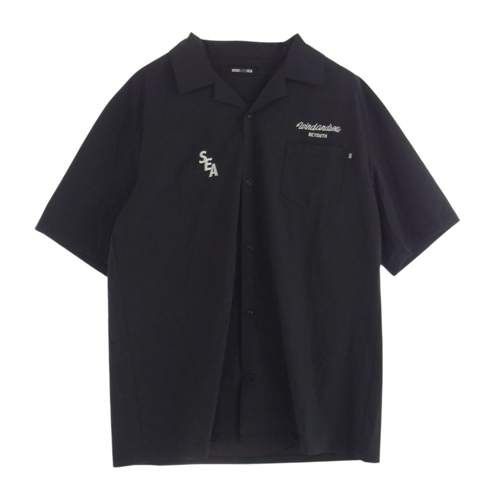 WIND AND SEA ウィンダンシー WDS-SH-12 OPEN COLLAR SHIRT 刺繍 ロゴ ナイロン 半袖 オープンカラー シャツ ブラック系 M【美品】【中古】