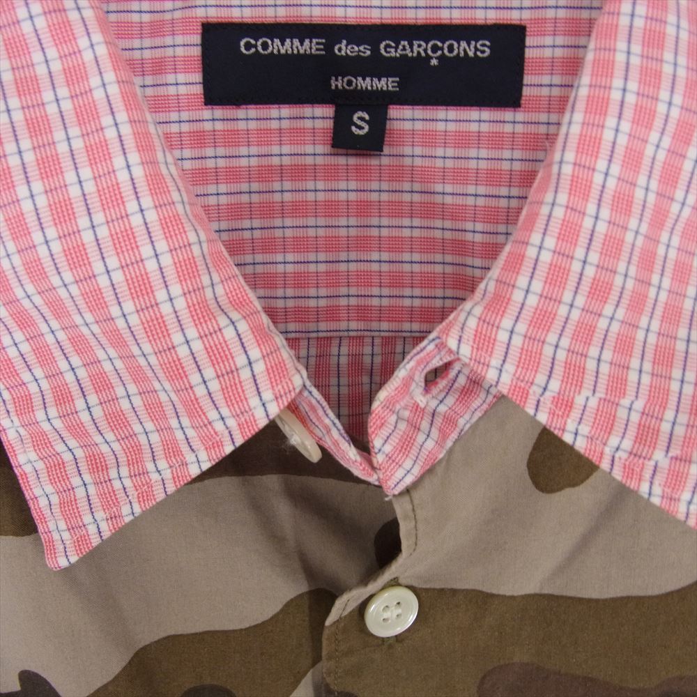 COMME des GARCONS HOMME コムデギャルソンオム AD2011 HI-B003 コットン チェック 異素材迷彩切替 長袖 シャツ カーキ系 レッド系 S【中古】
