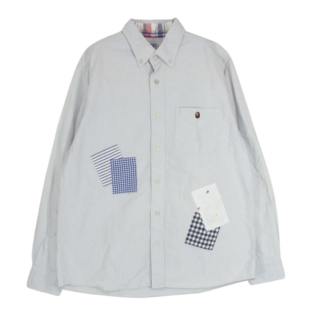 ア ベイシング エイプ パッチワーク エルボーパッチ 長袖 シャツ ライトブルー系 L【中古】