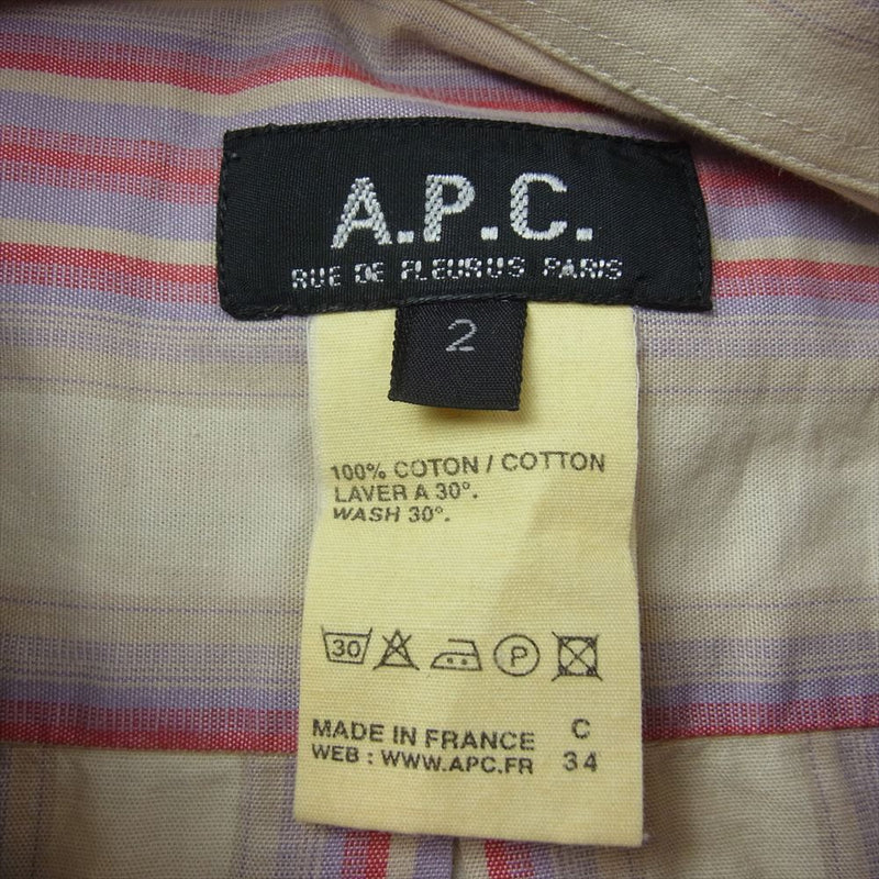 A.P.C. アーペーセー ストライプ スナップボタン ボタンダウン 半袖 シャツ 2【中古】