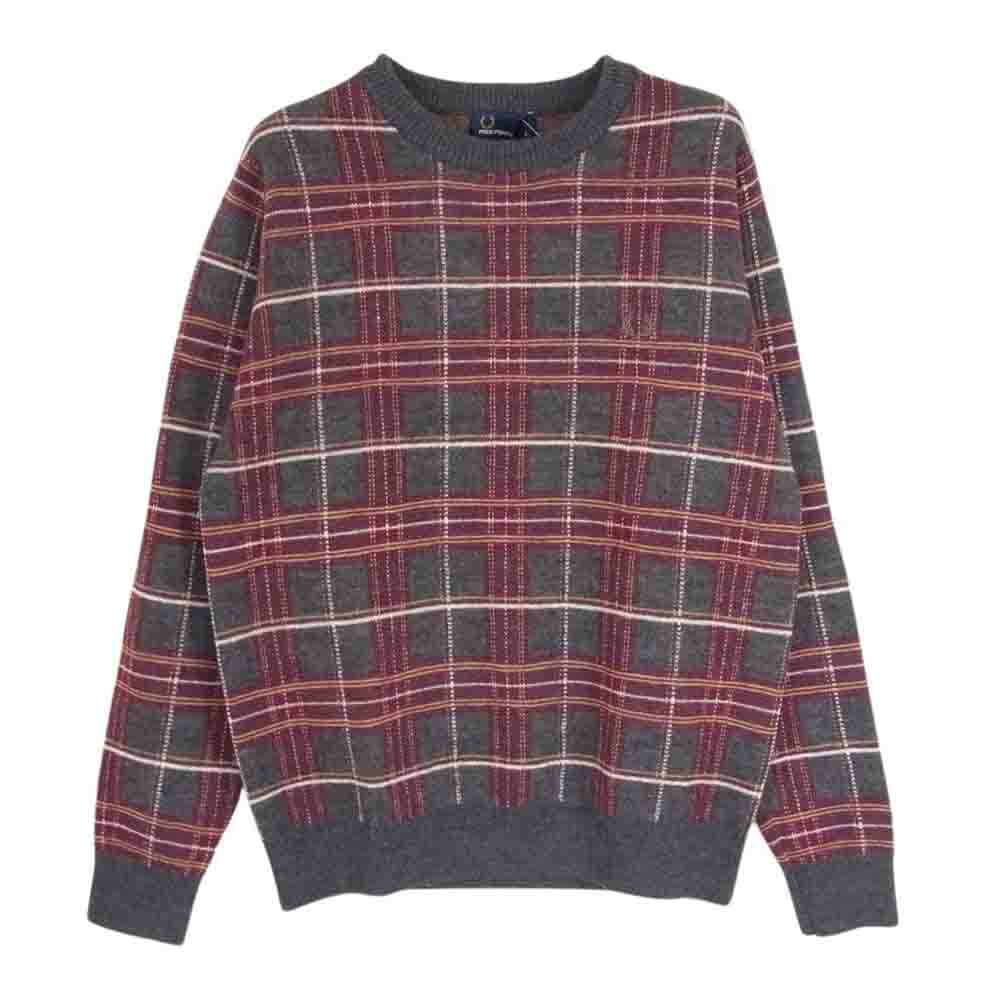 FRED PERRY フレッドペリー チェック柄 ウール リブ ニット セーター グレー系 エンジ系 S【中古】