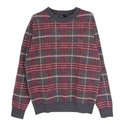 FRED PERRY フレッドペリー チェック柄 ウール リブ ニット セーター グレー系 エンジ系 S【中古】