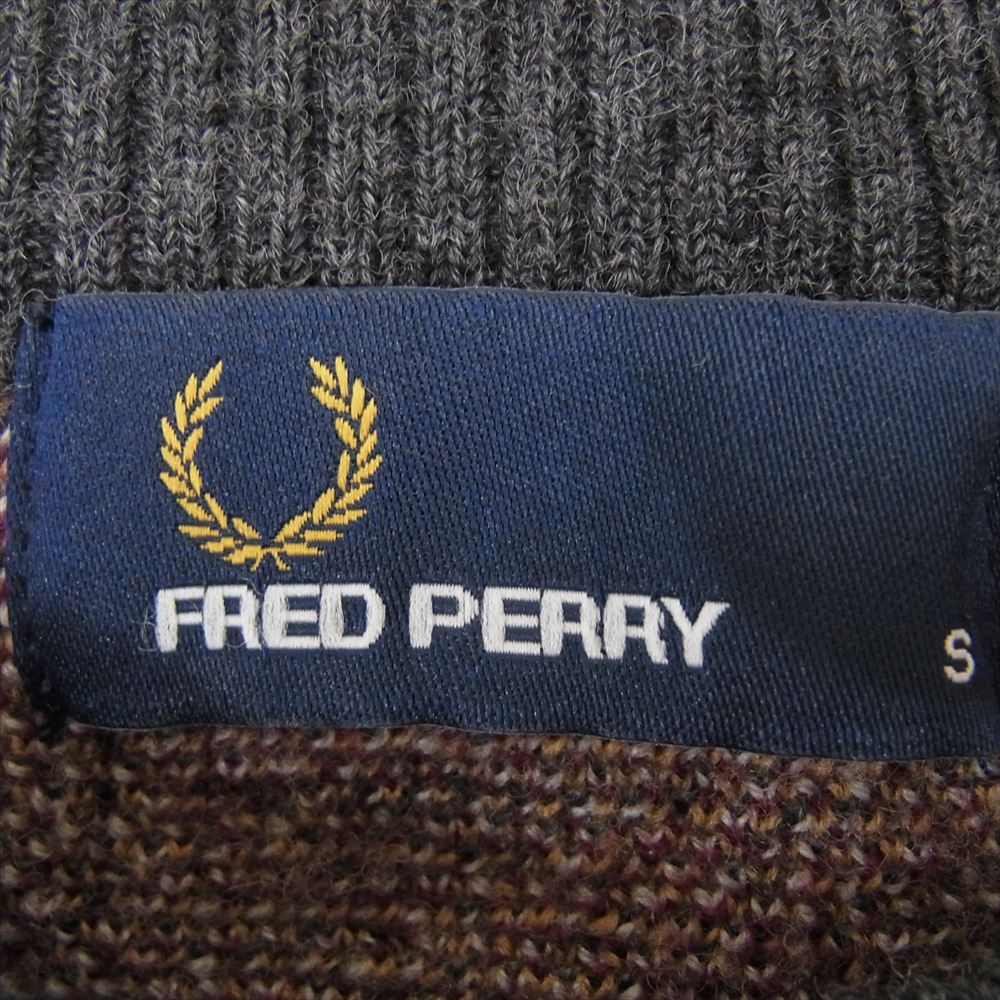 FRED PERRY フレッドペリー チェック柄 ウール リブ ニット セーター グレー系 エンジ系 S【中古】