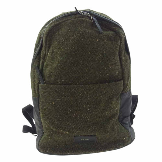 Paul Smith ポール・スミス ツイード ナイロンコーティング レザー切替 リュックサック バックパック グリーン系【中古】
