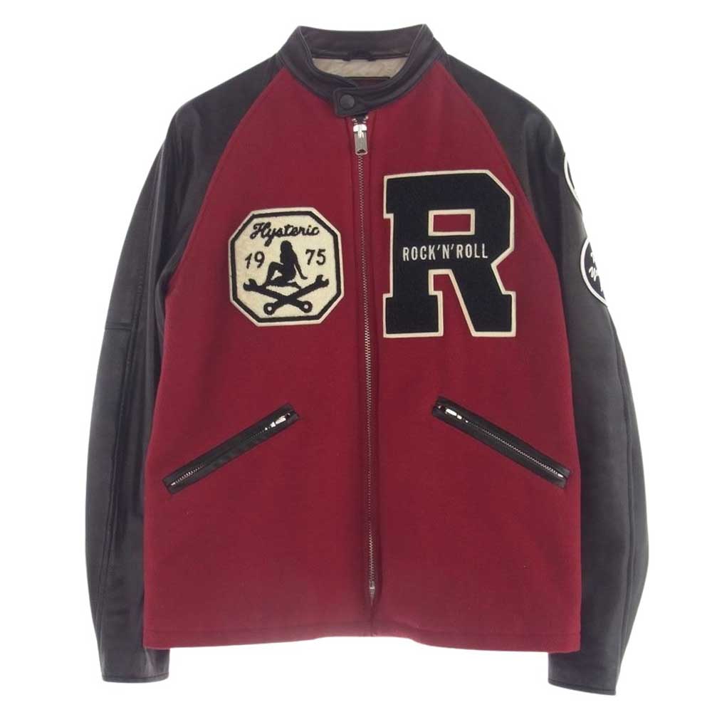 HYSTERIC GLAMOUR ヒステリックグラマー 0234AB07 ROCK’N ROLL ロックンロール シングルBZ ワッペン付 袖ラムレザー スタジャン ブラック系 レッド系 S【中古】