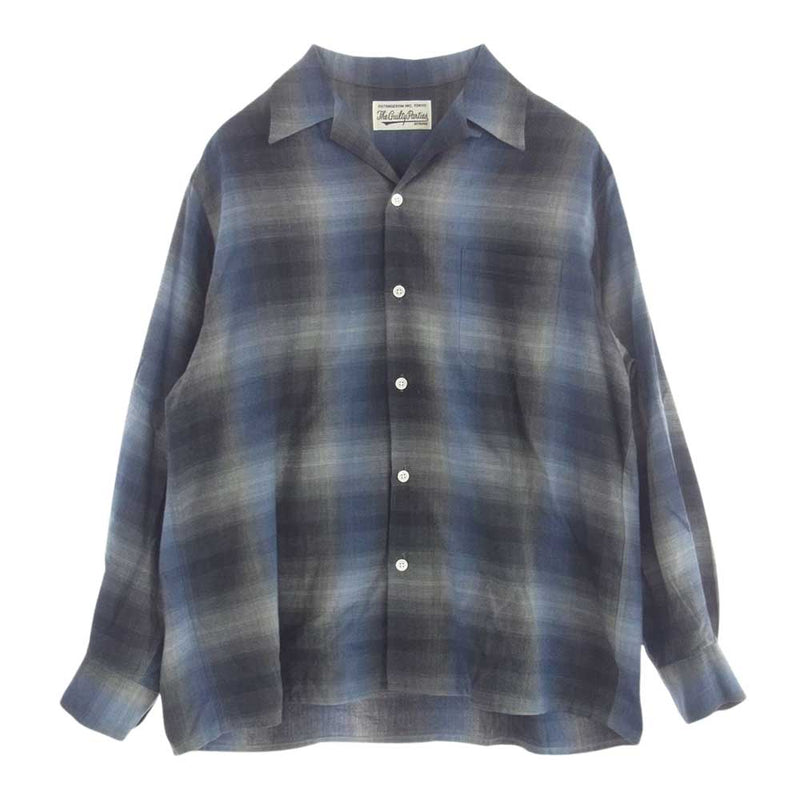 WACKO MARIA ワコマリア 23AW 23FW-WMS-OC02 OMBRE CHECK OPEN COLLAR SHIRT L/S -TYPE 2 オンブレ チェック オープンカラー シャツ 長袖 ブルー系 ブラック系 M【美品】【中古】