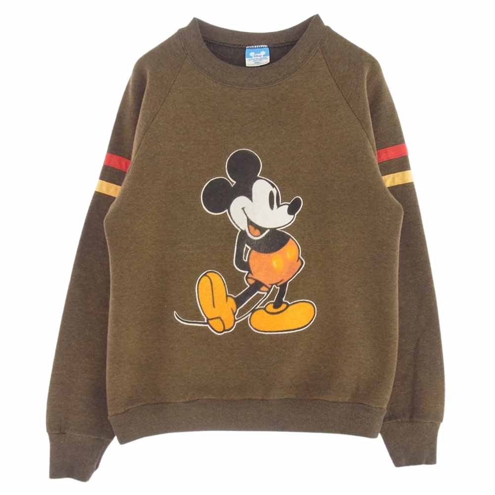 ヴィンテージ 80s USA製 Disney  ディズニー ミッキーマウス フロッキープリント ラグラン スウエット ブラウン系 S【中古】