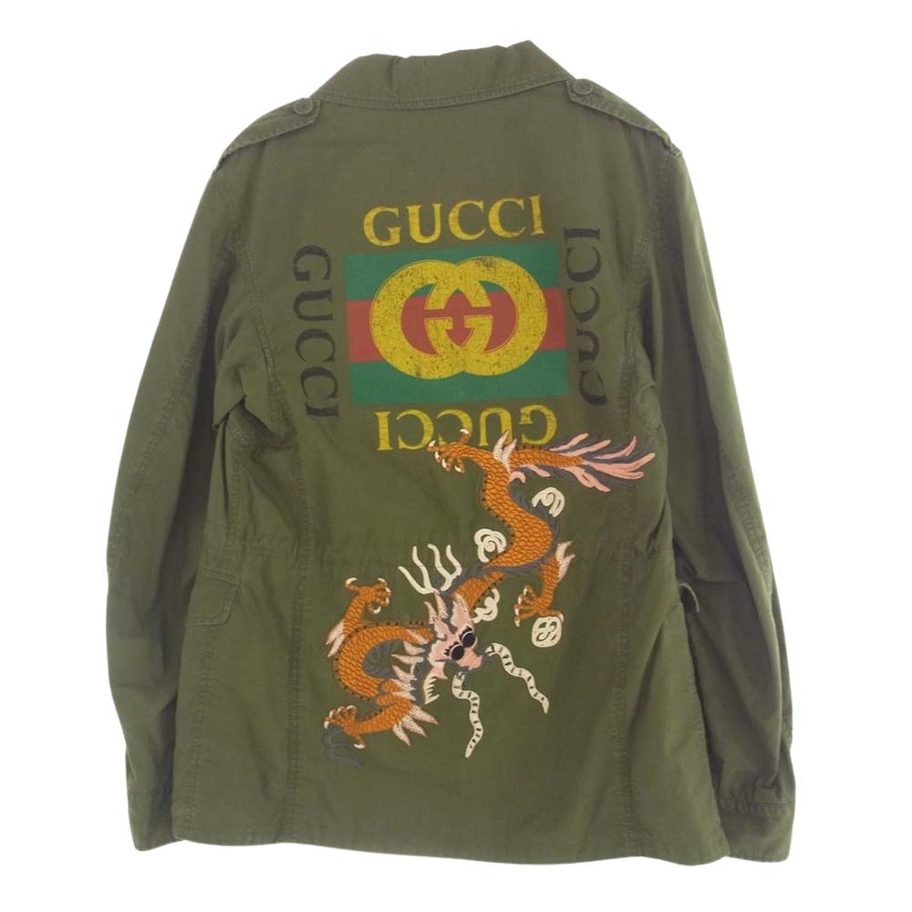 GUCCI グッチ 17AW 475041 XR692 国内正規品 エンブロイダリー ドラゴン刺繍 ロゴ プリント ミリタリー シャツ ジャケット カーキ系 46【中古】