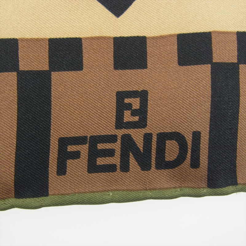 FENDI フェンディ シルク 100% 格子柄 ブロックチェック FFロゴ スカーフ ブラウン系【中古】