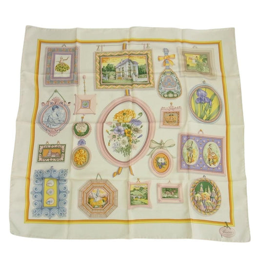 GUCCI グッチ シルク100% フラワー 花柄 総柄 額縁 スカーフ ベージュ オフホワイト系【中古】