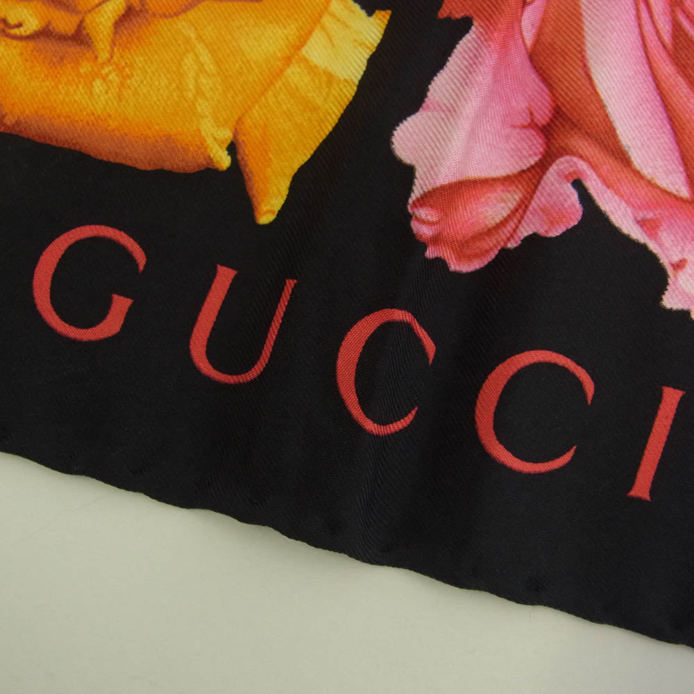 GUCCI グッチ シルク100% 薔薇 バラ フラワー スカーフ ブラック系【中古】