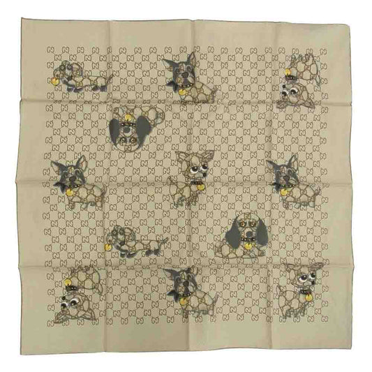 GUCCI グッチ シルク100%  グッチョリ GGプリント レロイ フレブル ダックス チワワ ビーグル 犬 ドッグ スカーフ ライトブラウン系【美品】【中古】