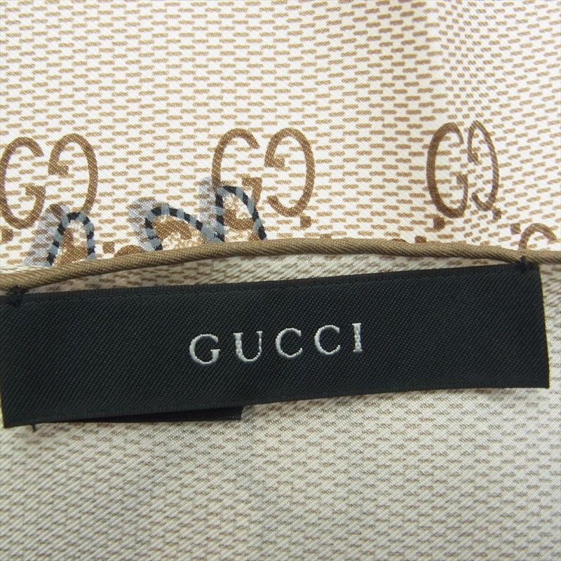 GUCCI グッチ シルク100%  グッチョリ GGプリント レロイ フレブル ダックス チワワ ビーグル 犬 ドッグ スカーフ ライトブラウン系【美品】【中古】