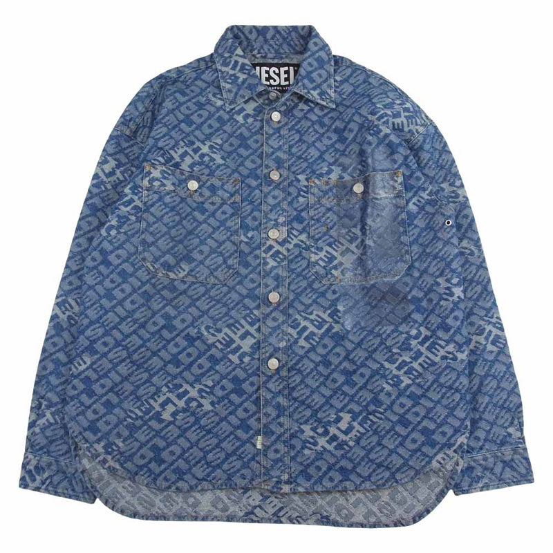 DIESEL ディーゼル D-ROXY CAMICIA ブランディング ロゴ デニム ジャガード シャツ ジャケット インディゴブルー系 M【中古】