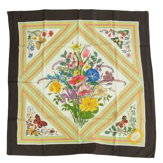 GUCCI グッチ シルク100％ アサガオ 花柄 フラワー 総柄 蝶 スカーフ ブラウン【中古】