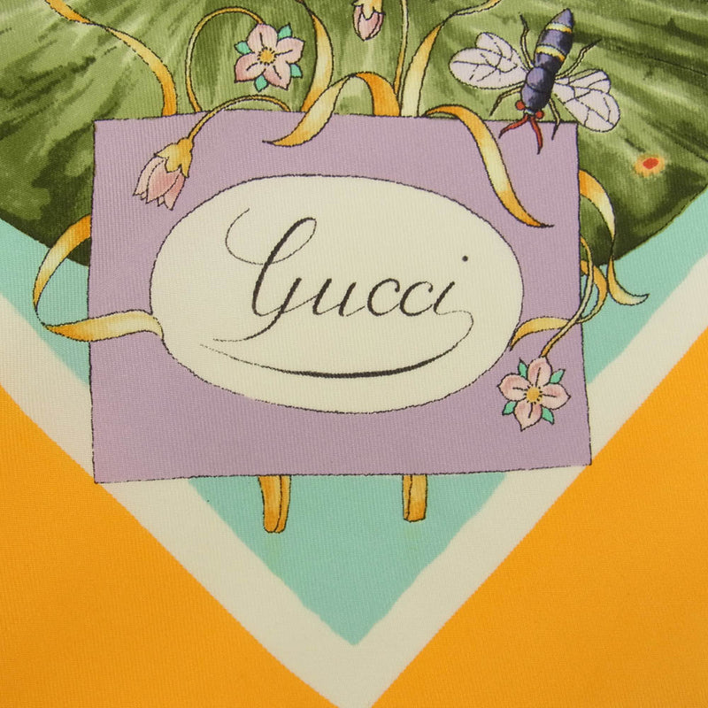 GUCCI グッチ シルク100％ 蓮 蓮の葉 花 フラワー 花柄 スカーフ オレンジ【中古】